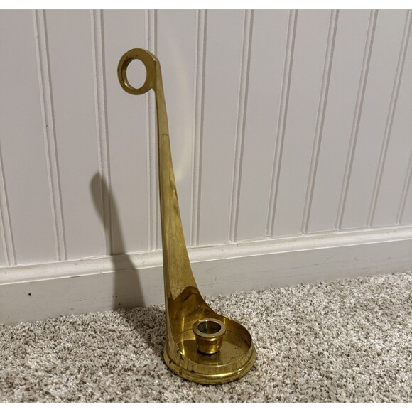 Vintage Taper Candle Holder Brass Finger Loop Bedside Heavy Metal Decor - BUB - Picture 1 of 8
